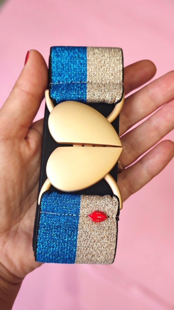 ceinture élastique bicolore azura lurex bleu et champagne