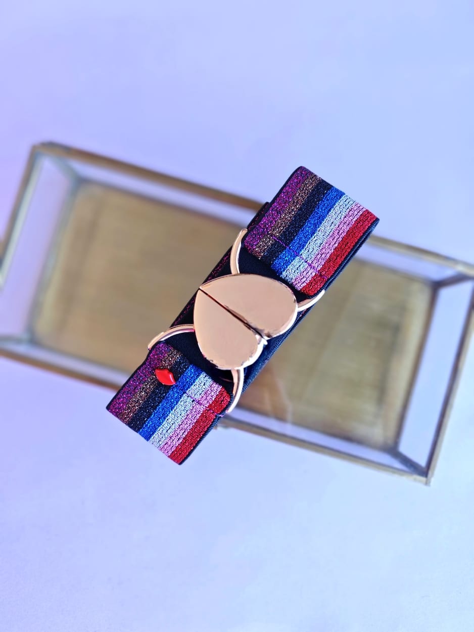 Ceinture élastique multicolore arc-en-ciel Jemma avec boucle cœur rose cuivré