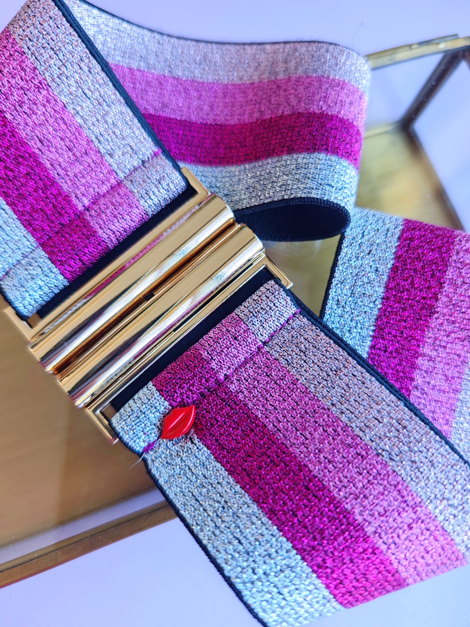 Ceinture élastique large multicolore rose Lolita avec boucle dorée