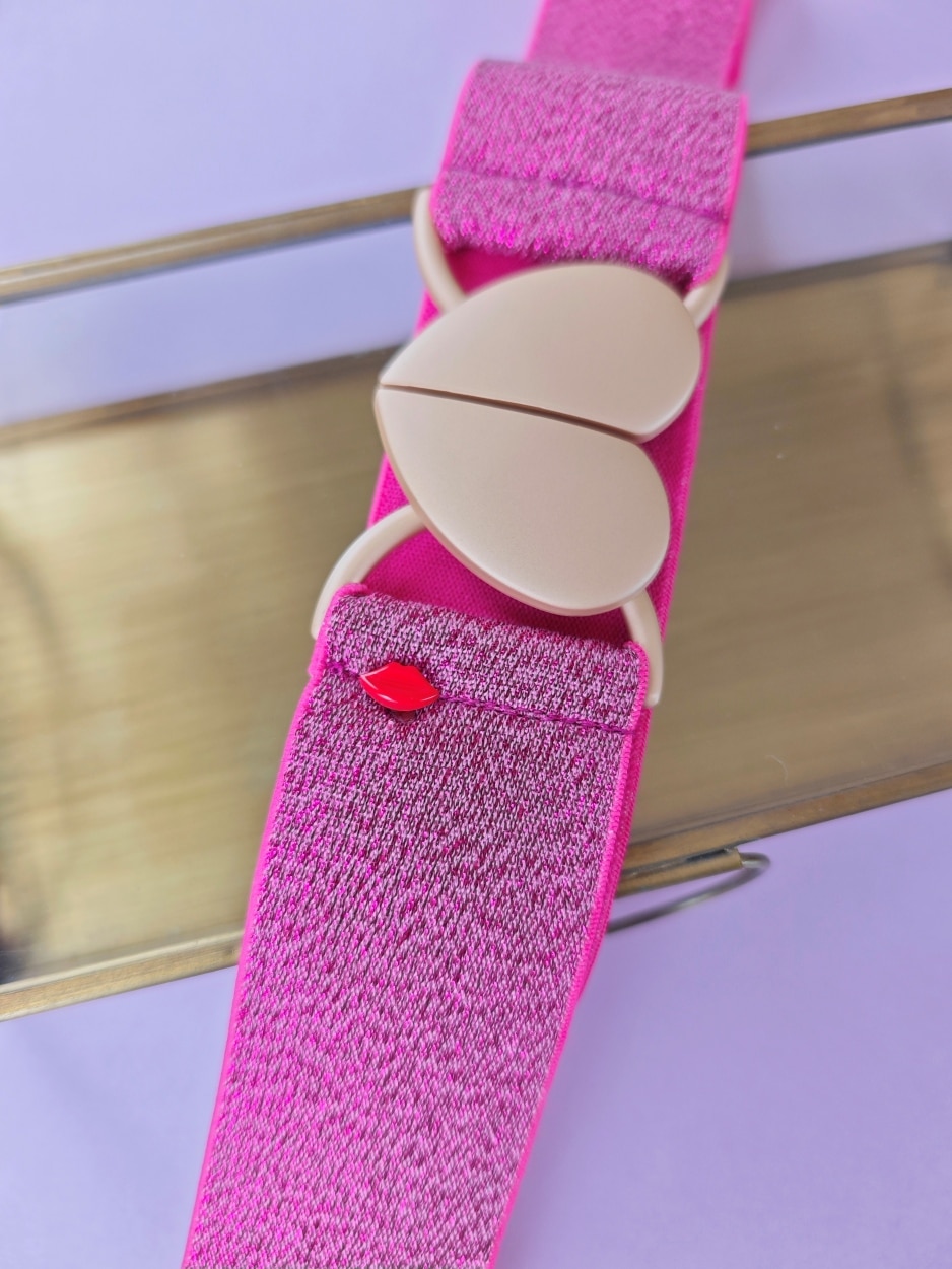 Ceinture élastique en lurex rose framboise pailleté Rosaria avec boucle cœur doré mate