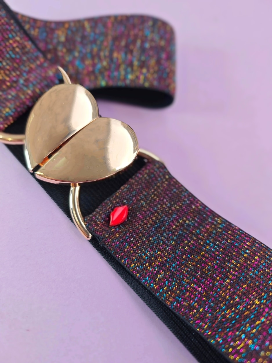 Ceinture élastique glitter brun multicolore Venicia avec boucle cœur doré brillant