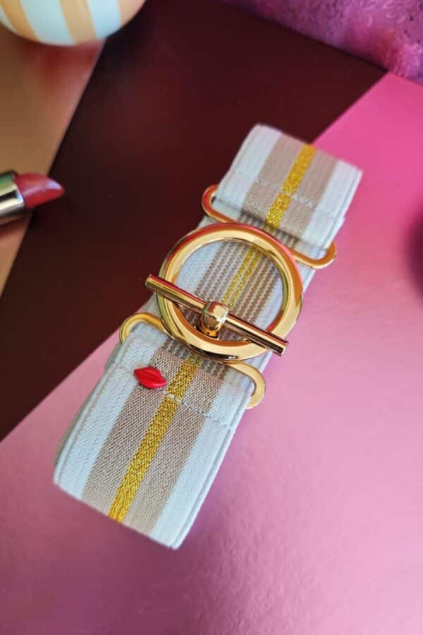 Ceinture élastique blanche et beige Mirella avec boucle anneau dorée