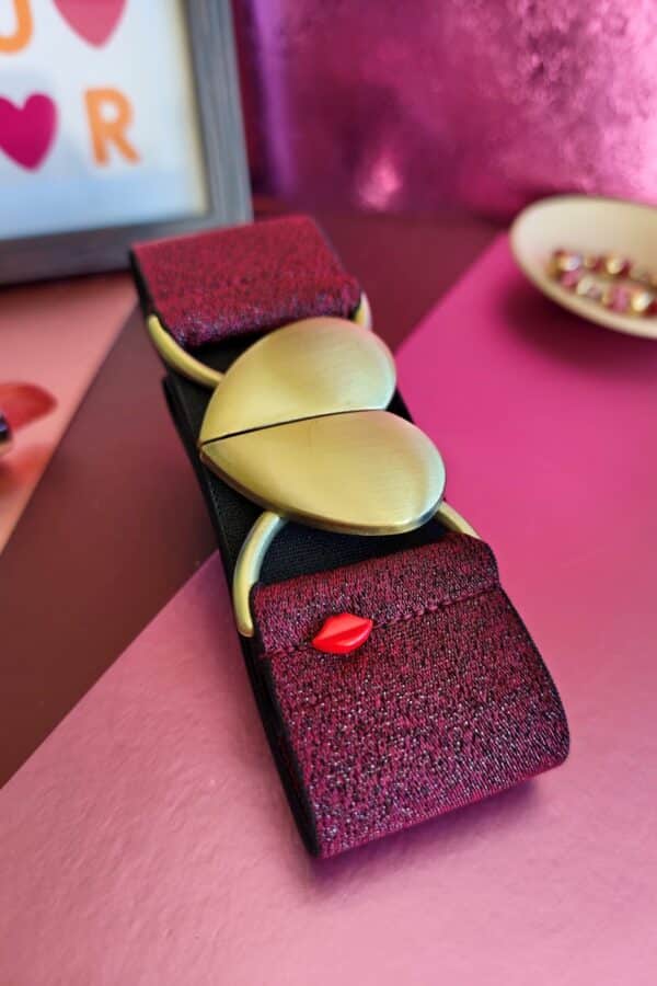 Ceinture élastique bordeaux et grenat Delia avec boucle cœur doré brossé