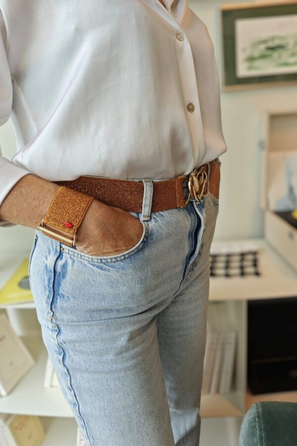 Ceinture élastique cuivrée scintillante Mona avec boucle cœur dorée